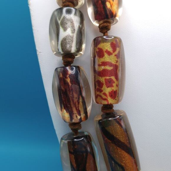 Chico's Animal Print Large Bead Necklace, Clear Lucite, 2 Suede Strands, 28 Inch - Picture 3 of 10